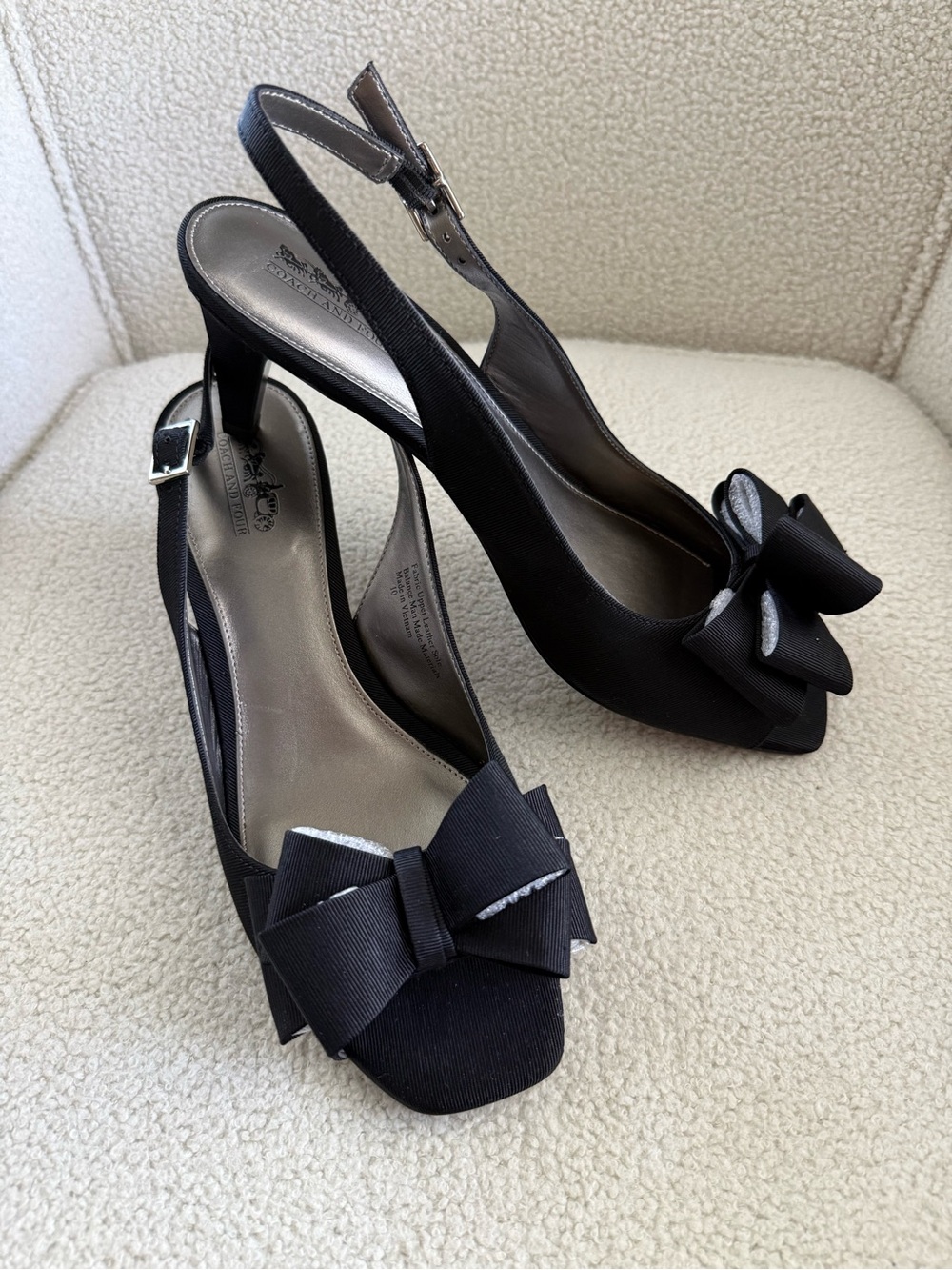 Coach and Four Black Bow Slingback Peep-Toe Heels